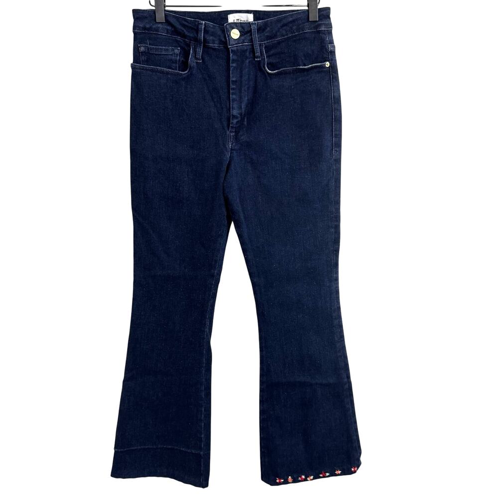 Frame Le One Flare Leg Front Slip Blue Keller Dark Wash Embroidered Jeans Size 2